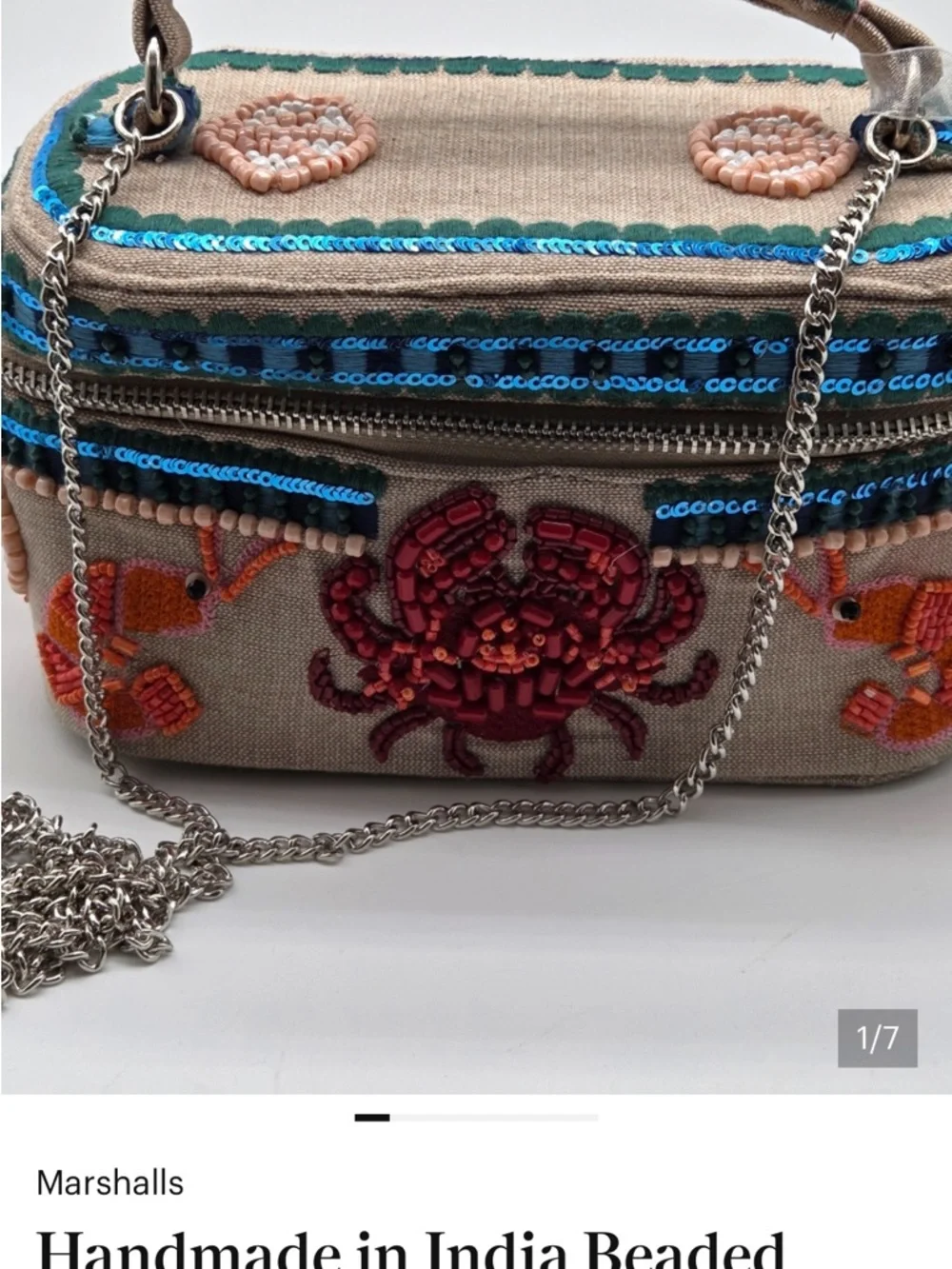 Handmade in India Beaded Crab Lobster Box Bag Crossbody Purse Coastal NWT
